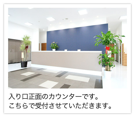 入り口正面のカウンターです。こちらで受付させていただきます。