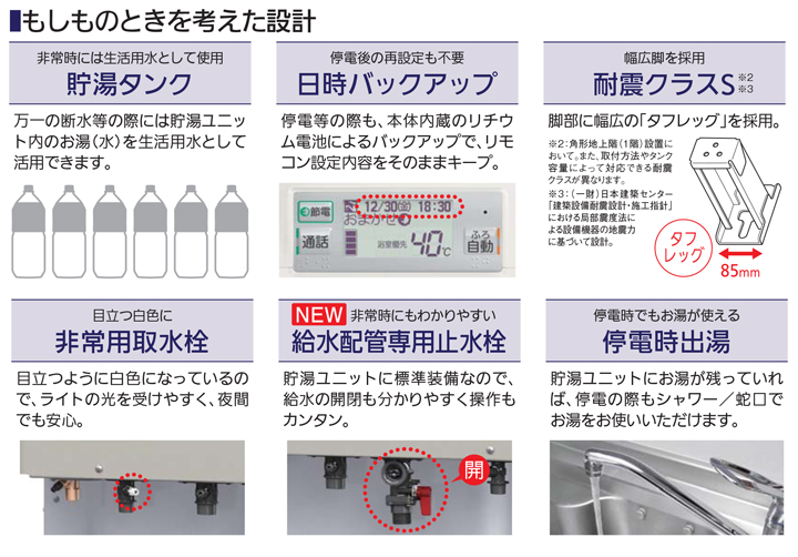 音声ガイダンス機能、ボタンの文字サイズ、停電時出湯